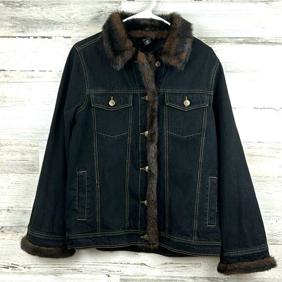 Dennis Basso Women’s XS Denim Jean Jacket Faux Brown Mink Fur Lining - Picture 2 of 10